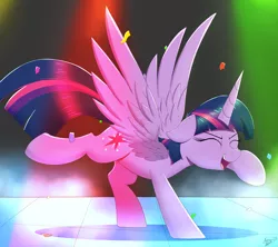 Size: 2000x1779 | Tagged: safe, artist:arcane-thunder, derpibooru import, twilight sparkle, twilight sparkle (alicorn), alicorn, pony, 2021, cute, cutie mark, dancing, do the sparkle, eyes closed, female, image, mare, newbie artist training grounds, open mouth, png, solo, spotlight, twiabetes