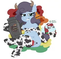 Size: 1461x1419 | Tagged: safe, artist:jargon scott, derpibooru import, oc, oc:pippin poppyseed, oc:polly poppyseed, earth pony, pegasus, pony, clothes, cow costume, cowprint, ear tag, fake horns, female, filly, freckles, gloves, image, mare, milk jug, png, simple background, smiling, socks, squatpony, tooth gap, toothless, white background