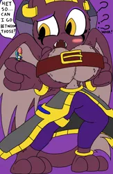 Size: 1336x2048 | Tagged: suggestive, derpibooru import, edit, prince hisan, sphinx (character), anthro, earth pony, plantigrade anthro, sphinx, accessories, big breasts, blushing, breasts, clothes, confused, digital art, egyptian, female, giantess, grabbed, handheld, huge breasts, image, leggings, macro, male, png, simple background, text, tight clothing