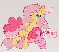 Size: 1280x1130 | Tagged: safe, artist:starrcoma, derpibooru import, fluttershy, pinkie pie, earth pony, pegasus, pony, chest fluff, ear fluff, female, flutterpie, heart, image, jpeg, lesbian, mare, missing cutie mark, one eye closed, onomatopoeia, shipping, sleeping, sound effects, thought bubble, zzz