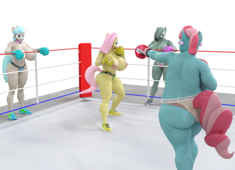 Size: 1200x867 | Tagged: questionable, artist:hellbridge, derpibooru import, coco pommel, cup cake, fluttershy, marble pie, anthro, plantigrade anthro, ass, belly button, big breasts, boxing, boxing gloves, boxing ring, breasts, busty coco pommel, busty cup cake, busty fluttershy, busty marble pie, butt, clothes, female, females only, huge breasts, image, large butt, nipples, nudity, panties, partial nudity, png, rearboob, simple background, sports, the council of shy ponies, thong, topless, transparent background, underwear