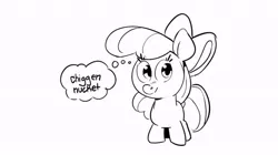 Size: 680x382 | Tagged: safe, artist:kylesmeallie, derpibooru import, apple bloom, pony, chicken meat, chicken nugget, female, filly, food, image, jpeg, looking at you, meat, sketch, smiling, solo, thinking, thought bubble