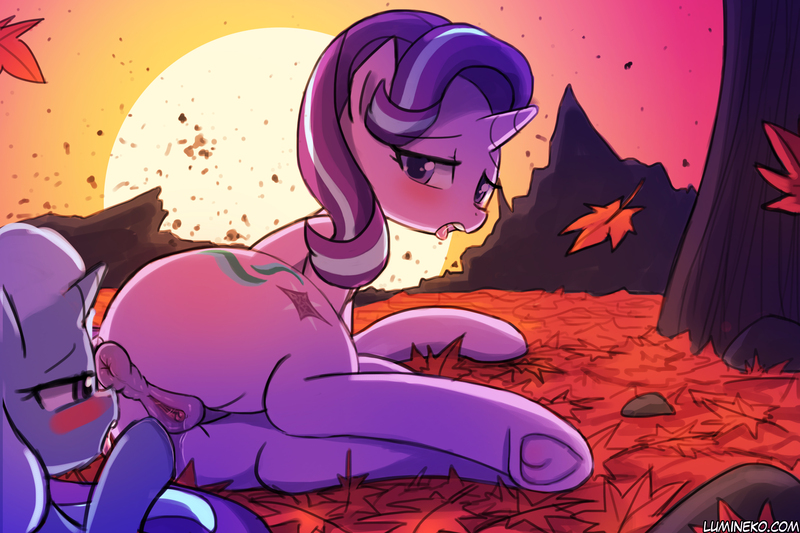 Size: 3000x2000 | Tagged: explicit, artist:lumineko, banned from derpibooru, paywalled source, starlight glimmer, trixie, pony, unicorn, advertisement, anatomically correct, autumn, autumn leaves, blushing, butt, clitoris, digital art, dock, eye on the prize, female, female focus, female on female, frog (hoof), glimmer glutes, image, jpeg, leaf, leaves, lesbian, lidded eyes, looking at you, mare, mare on mare, nudity, oral, patreon, patreon preview, plot, sex, shipping, side, smiling, solo, solo focus, startrix, sun, sunset, tongue out, underhoof, vaginal secretions, vulva, vulvar winking