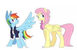Size: 4000x2618 | Tagged: safe, artist:yaaaco, derpibooru import, fluttershy, rainbow dash, pegasus, pony, alternate hairstyle, female, flutterdash, hair bun, image, lesbian, mare, png, shipping, simple background, spread wings, white background, wings