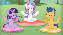Size: 1920x1080 | Tagged: safe, artist:grapefruit-face, derpibooru import, flash sentry, potion nova, twilight sparkle, pony, eyes closed, happy, image, lotus position, meditating, outdoors, png, relaxing, sitting, smiling, trio