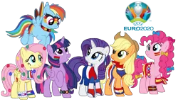 Size: 2407x1385 | Tagged: safe, artist:anonymous, artist:shiibases, artist:sir-psych0-s3xy, derpibooru import, edit, editor:unofficial edits thread, applejack, fluttershy, pinkie pie, rainbow dash, rarity, twilight sparkle, twilight sparkle (alicorn), alicorn, earth pony, pegasus, pony, unicorn, applejack's hat, bandana, base used, body painting, bow, bracelet, clothes, cowboy hat, dress, ear piercing, earring, euro 2020, face paint, female, flying, france, germany, hair bow, hat, image, italy, jewelry, looking at each other, mane six, mare, netherlands, piercing, png, portugal, simple background, smiling, socks, spain, spread wings, transparent background, wings