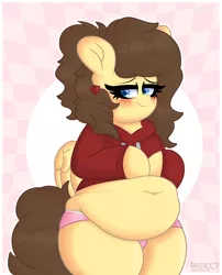 Size: 3361x4169 | Tagged: suggestive, artist:retro_hearts, derpibooru import, oc, oc:retro hearts, pegasus, pony, belly, belly button, big belly, blushing, chubby, clothes, ear piercing, earring, fat, female, freckles, hoodie, image, jewelry, looking away, mare, panties, piercing, plump, png, ponytail, squishy, underwear, wide hips