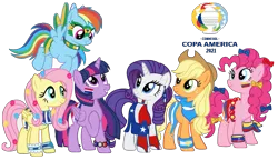 Size: 2407x1385 | Tagged: safe, artist:anonymous, artist:shiibases, artist:sir-psych0-s3xy, derpibooru import, edit, editor:unofficial edits thread, applejack, fluttershy, pinkie pie, rainbow dash, rarity, twilight sparkle, twilight sparkle (alicorn), alicorn, earth pony, pegasus, pony, unicorn, applejack's hat, argentina, bandana, base used, body painting, bow, bracelet, brazil, chile, clothes, colombia, copa america, cowboy hat, dress, ear piercing, earring, face paint, female, flying, hair bow, hat, image, jewelry, looking at each other, mane six, mare, paraguay, piercing, png, simple background, smiling, socks, spanish, spread wings, transparent background, uruguay, wings