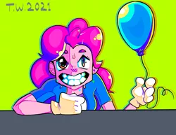 Size: 2320x1792 | Tagged: safe, artist:beefgummies, derpibooru import, pinkie pie, equestria girls, equestria girls (movie), balloon, clothes, colorful, droplet, gloves, image, looking at you, png, psychedelic, saturated, sharp teeth, shiny, short sleeves, smiling, sweat, table, teeth, trippy, wat