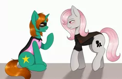 Size: 3609x2336 | Tagged: safe, artist:vaiola, derpibooru import, oc, oc:dust runner, oc:violet, unofficial characters only, pegasus, pony, unicorn, blushing, cape, clothes, clothes swap, colored, commission, cutie mark, domino mask, duo, eyebrows, eyelashes, fullbody, horn, image, jpeg, latex, latex leotard, leotard, looking at each other, mask, raised hoof, simple background, sitting, smiling, smiling at each other