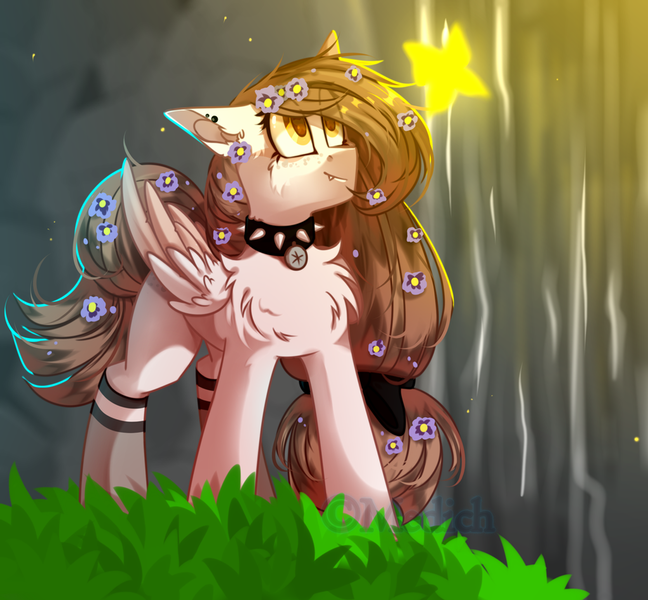 Size: 1024x948 | Tagged: safe, artist:mediasmile666, derpibooru import, oc, unofficial characters only, butterfly, insect, pegasus, pony, choker, female, flower, flower in hair, grass, hairband, image, mare, outdoors, png, solo, spiked choker, standing, waterfall