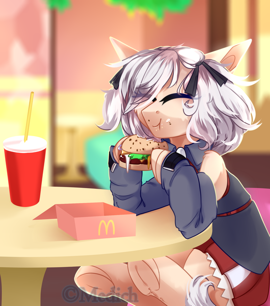 Size: 1729x1957 | Tagged: safe, artist:mediasmile666, derpibooru import, oc, unofficial characters only, pony, burger, eating, female, food, hamburger, hoof hold, image, mare, mcdonald's, meat, munching, png, ponies eating meat, sitting, smiling, solo, underhoof