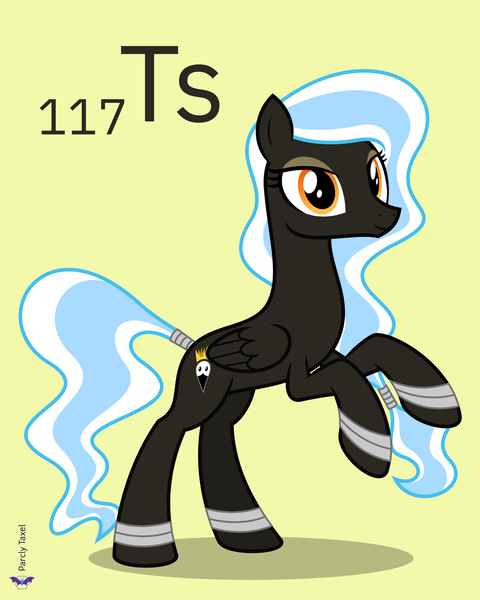 Size: 4000x5000 | Tagged: safe, artist:parclytaxel, derpibooru import, oc, oc:cygnet, unofficial characters only, pegasus, pony, series:joycall6's periodic table, .svg available, absurd resolution, bracelet, chemistry, female, hairband, image, jewelry, looking at you, mare, periodic table, png, rearing, simple background, smiling, solo, tail wrap, tennessine, vector, yellow background