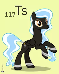 Size: 4000x5000 | Tagged: safe, artist:parclytaxel, derpibooru import, oc, oc:cygnet, unofficial characters only, pegasus, pony, series:joycall6's periodic table, .svg available, absurd resolution, bracelet, chemistry, female, hairband, image, jewelry, looking at you, mare, periodic table, png, rearing, simple background, smiling, solo, tail wrap, tennessine, vector, yellow background