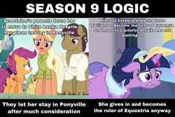 Size: 2828x1885 | Tagged: safe, derpibooru import, edit, edited screencap, screencap, derpy hooves, mane allgood, scootaloo, snap shutter, twilight sparkle, the last crusade, the last problem, drama, image, jpeg, op is a duck, op is trying to start shit, op is trying to start shit so badly that it's kinda funny, text