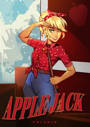 Size: 1920x2716 | Tagged: safe, artist:marvint123, artist:polerix, derpibooru import, applejack, equestria girls, alternate hairstyle, bandana, broom, female, image, jpeg, salute, solo