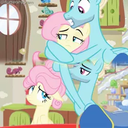 Size: 1080x1080 | Tagged: safe, derpibooru import, edit, edited screencap, editor:fluttershygram, screencap, fluttershy, zephyr breeze, pegasus, pony, flutter brutter, season 6, duo, female, hug, image, jpeg, male, mare, smiling, stallion