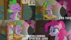 Size: 1280x720 | Tagged: safe, derpibooru import, edit, edited screencap, editor:quoterific, screencap, pinkie pie, spike, dragon, earth pony, pony, party of one, season 1, eyes closed, female, image, male, mare, open mouth, png, sugarcube corner