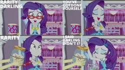 Size: 1280x720 | Tagged: safe, derpibooru import, edit, edited screencap, editor:quoterific, screencap, fluttershy, rarity, costume conundrum, equestria girls, equestria girls series, spoiler:eqg series (season 2), bracelet, costume conundrum: rarity, crossed arms, cute, eyes closed, geode of shielding, glasses, hairpin, image, jewelry, magical geodes, offscreen character, open mouth, png, raribetes, rarity peplum dress, rarity's glasses, smiling, swear jar