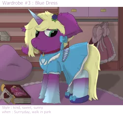 Size: 2500x2500 | Tagged: safe, artist:spiroudada, derpibooru import, oc, oc:velvet sky, pony, background, blue dress, book, bow, clothes, collar, crossdressing, dress, dressing, hair bow, image, male, png, shoes, shy, stallion, story included, velvet wardrobe reboot