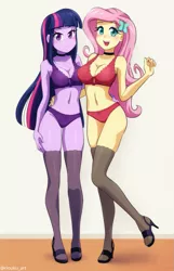 Size: 707x1100 | Tagged: suggestive, artist:riouku, derpibooru import, fluttershy, twilight sparkle, equestria girls, blushing, breasts, busty fluttershy, busty twilight sparkle, choker, clothes, commission, image, lingerie, open mouth, png, purple underwear, red underwear, shoes, socks, stockings, thigh highs, underwear