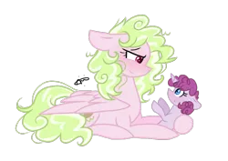 Size: 900x638 | Tagged: safe, artist:gallantserver, derpibooru import, oc, oc:blackberry muffin, oc:key lime pie, unofficial characters only, pegasus, pony, baby, baby pony, female, image, lying down, mare, offspring, offspring's offspring, parent:cheese sandwich, parent:oc:artemis, parent:oc:key lime pie, parent:pinkie pie, parents:cheesepie, parents:oc x oc, png, prone, simple background, transparent background