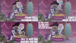 Size: 1280x720 | Tagged: safe, derpibooru import, edit, edited screencap, editor:quoterific, screencap, rainbow dash, rarity, pegasus, pony, unicorn, season 1, swarm of the century, carousel boutique, clothes, dress, eyes closed, female, flying, image, mare, open mouth, png, rainbow dash is not amused, unamused