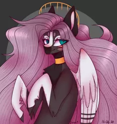 Size: 1020x1080 | Tagged: safe, artist:auss1, derpibooru import, oc, unofficial characters only, pegasus, pony, abstract background, bust, chest fluff, choker, coat markings, female, image, mare, pegasus oc, png, smiling, socks (coat marking), solo, wings