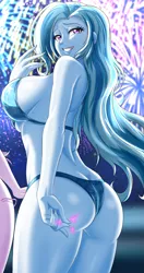 Size: 1197x2260 | Tagged: suggestive, artist:zantyarz, color edit, derpibooru import, edit, editor:drakeyc, starlight glimmer, trixie, human, equestria girls, ass, big breasts, breasts, busty trixie, butt, clothes, colored, cropped, equestria girls edit, female, finger snap, fireworks, humanized, image, magic, png, skin color edit, solo focus, swimsuit