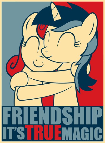 Size: 1205x1640 | Tagged: artist needed, safe, derpibooru import, bon bon, lyra heartstrings, sweetie drops, cute, female, friendship is true magic, happy, hope poster, hug, image, jpeg, lesbian