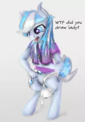 Size: 600x863 | Tagged: suggestive, artist::snowfrost, derpibooru import, oc, oc:snow frost, anthro, earth pony, pony, unguligrade anthro, confusion, diaper, diaper fetish, female, fetish, image, mare, png, solo, vulgar, wardrobe malfunction