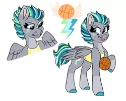 Size: 1498x1209 | Tagged: safe, artist:moccabliss, derpibooru import, oc, oc:hoopla, pegasus, pony, basketball, clothes, female, image, mare, offspring, parent:cozy glow, parent:rumble, png, shirt, simple background, sports, white background