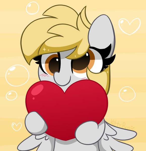 Size: 3512x3632 | Tagged: safe, artist:kittyrosie, derpibooru import, derpy hooves, pegasus, pony, bubble, cute, derpabetes, digital art, female, heart, image, mare, png, smiling, solo, sparkles