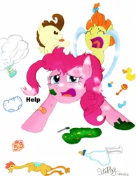 Size: 900x1159 | Tagged: safe, artist:stepany1234, derpibooru import, pinkie pie, pound cake, pumpkin cake, earth pony, pegasus, pony, unicorn, baby cakes, baby bottle, baby food, bandaid, bow, crying, cube, diaper, eyes closed, foal powder, foalsitter, image, jpeg, milk, ocular gushers, open mouth, pacifier, rattle, rubber chicken, rubber duck, spoon, stressed, tongue out