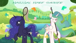Size: 1280x720 | Tagged: safe, artist:dormin-dim, derpibooru import, edit, princess celestia, princess luna, alicorn, butterfly, insect, pony, butterfly net, commission, fishing rod, image, looking at you, missing accessory, net, png, summer, ych result