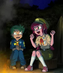 Size: 1200x1367 | Tagged: safe, artist:uotapo, derpibooru import, gloriosa daisy, timber spruce, human, equestria girls, legend of everfree, brother and sister, campfire, camping, clothes, duo, female, fire, image, jpeg, male, open mouth, pants, scary, scary stories, scout uniform, shoes, shorts, siblings, sitting, sweat, sweatdrop, uotapo is trying to murder us, younger