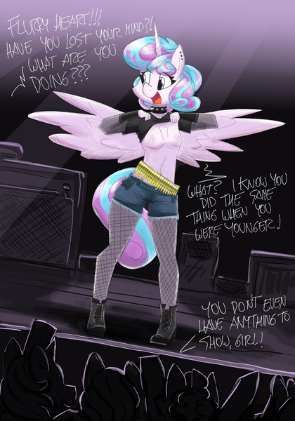 Size: 1400x2000 | Tagged: questionable, artist:flutterthrash, derpibooru import, princess flurry heart, alicorn, anthro, boots, breasts, bullet belt, choker, clothes, crowd, daisy dukes, delicious flat chest, ear piercing, exposed breasts, fishnets, flashing, flashing boobs, image, implied princess cadance, offscreen character, piercing, png, shirt, shirt lift, shoes, shorts, socks, spiked choker, spread wings, stage, teenage flurry heart, teenager, text, wings