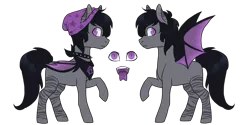 Size: 1200x600 | Tagged: safe, artist:lavvythejackalope, derpibooru import, oc, unofficial characters only, bat pony, pony, bat pony oc, bat wings, beanie, choker, duo, forked tongue, hat, image, male, png, raised hoof, simple background, spiked choker, stallion, starry wings, tongue out, transparent background, wings