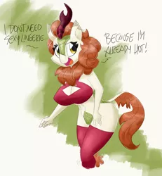 Size: 1600x1730 | Tagged: suggestive, artist:flutterthrash, derpibooru import, autumn blaze, anthro, kirin, breasts, busty autumn blaze, clothes, dialogue, image, png, socks, solo, underwear