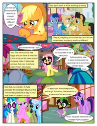 Size: 612x792 | Tagged: safe, artist:newbiespud, derpibooru import, edit, edited screencap, screencap, applejack, fluttershy, mayor mare, spike, twilight sparkle, vinyl scratch, dragon, earth pony, pegasus, pony, unicorn, comic:friendship is dragons, background pony, background pony audience, bust, carousel boutique, comic, dialogue, eyelashes, fake moustache, female, glasses, grin, hat, horn, image, looking back, male, mare, notebook, png, raised hoof, screencap comic, smiling, stallion, sugarcube corner, sunglasses, underhoof, unicorn twilight, what my cutie mark is telling me, wings