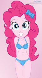 Size: 4557x8464 | Tagged: suggestive, artist:alandssparkle, derpibooru import, pinkie pie, equestria girls, adorasexy, belly button, blue underwear, blushing, bow, bra, breasts, clothes, cute, derpibooru exclusive, female, gradient background, hair bow, hands behind back, image, looking at you, panties, png, ribbon, sexy, signature, simple background, solo, underass, underwear