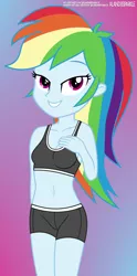 Size: 4523x9154 | Tagged: suggestive, artist:alandssparkle, derpibooru import, rainbow dash, equestria girls, belly button, black underwear, blushing, boyshorts, breasts, clothes, delicious flat chest, derpibooru exclusive, female, gradient background, hand behind back, hand on chest, image, looking at you, panties, png, rainbow flat, sexy, signature, simple background, small breasts, smiling, smiling at you, solo, sports bra, underwear