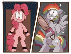 Size: 4734x3621 | Tagged: semi-grimdark, artist:spritecranbirdie, derpibooru import, pinkie pie, rainbow dash, earth pony, pegasus, pony, fanfic:cupcakes, alternate hairstyle, alternate universe, belly button, bipedal, chainsaw, cutie mark, dashamena, duo, female, image, imminent death, payback's a bitch, png, restrained, role reversal, straight hair, the tables have turned, this will end in death, this will end in tears, this will end in tears and/or death