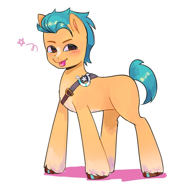 Size: 1263x1200 | Tagged: safe, artist:fluttr3, derpibooru import, hitch trailblazer, earth pony, pony, blaze (coat marking), blushing, coat markings, cute, facial markings, g5, hitchbetes, image, jpeg, looking at you, male, pale belly, sash, shadow, simple background, socks (coat marking), solo, stallion, stars, tongue out, unshorn fetlocks, white background