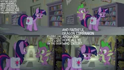 Size: 1280x720 | Tagged: safe, derpibooru import, edit, edited screencap, editor:quoterific, screencap, spike, twilight sparkle, twilight sparkle (alicorn), alicorn, dragon, pony, season 9, the point of no return, spoiler:s09, bag, duo, female, flying, image, jpeg, male, mare, open mouth, saddle bag, winged spike