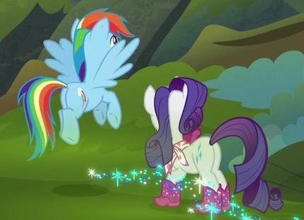 Size: 429x311 | Tagged: safe, derpibooru import, screencap, rainbow dash, rarity, the end in friend, butt, cropped, image, plot, png, rainbutt dash