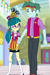Size: 591x883 | Tagged: safe, derpibooru import, screencap, brim marco, juniper montage, equestria girls, equestria girls series, holidays unwrapped, spoiler:eqg series (season 2), canterlot mall, clothes, cropped, dashing through the mall, female, glasses, hair ornament, image, male, png, skirt, vest, visor