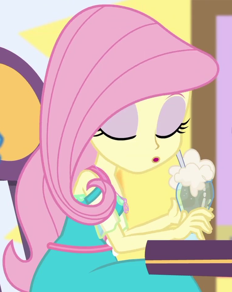2488940 - safe, derpibooru import, screencap, fluttershy, equestria girls, equestria  girls series, holidays unwrapped, spoiler:eqg series (season 2), beverage,  cropped, cute, dashing through the mall, drink, drinking straw, eyes  closed, eyeshadow, female,