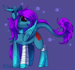 Size: 2083x1968 | Tagged: safe, artist:mediasmile666, derpibooru import, oc, unofficial characters only, original species, pegasus, pony, bandage, horn, image, png, purple background, simple background, solo