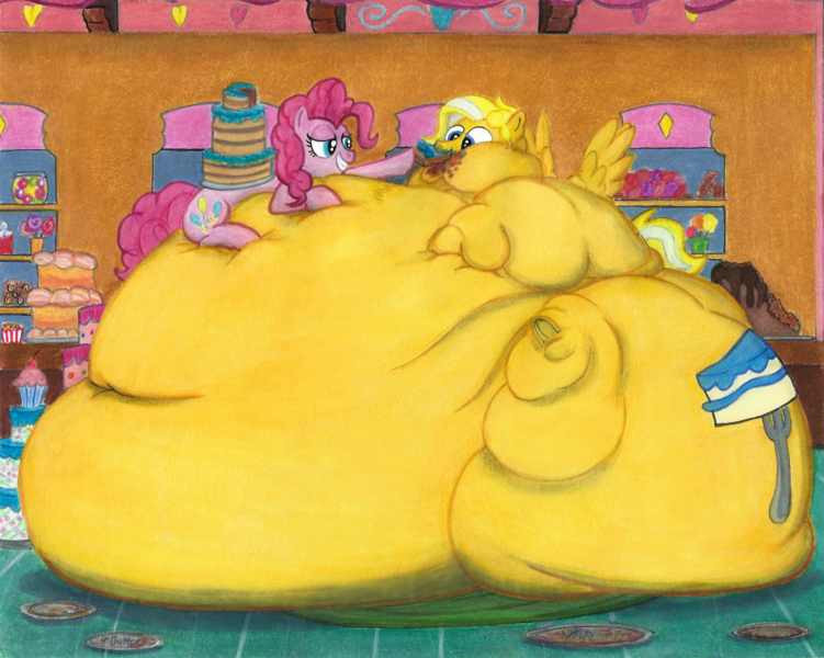 Size: 2700x2157 | Tagged: questionable, artist:white-eyed vireo, derpibooru import, pinkie pie, oc, oc:buttercream, earth pony, pegasus, pony, belly, belly button, belly grab, bhm, big belly, blushing, butt, cake, candy, canon x oc, chubby cheeks, cupcake, derpibooru exclusive, fat, fat fetish, feedee, feeder, female, fetish, food, huge belly, huge butt, image, immobile, impossibly large belly, impossibly large butt, large butt, male, morbidly obese, multichin, obese, png, straight, stuffed, stuffing, sugarcube corner, traditional art, underhoof